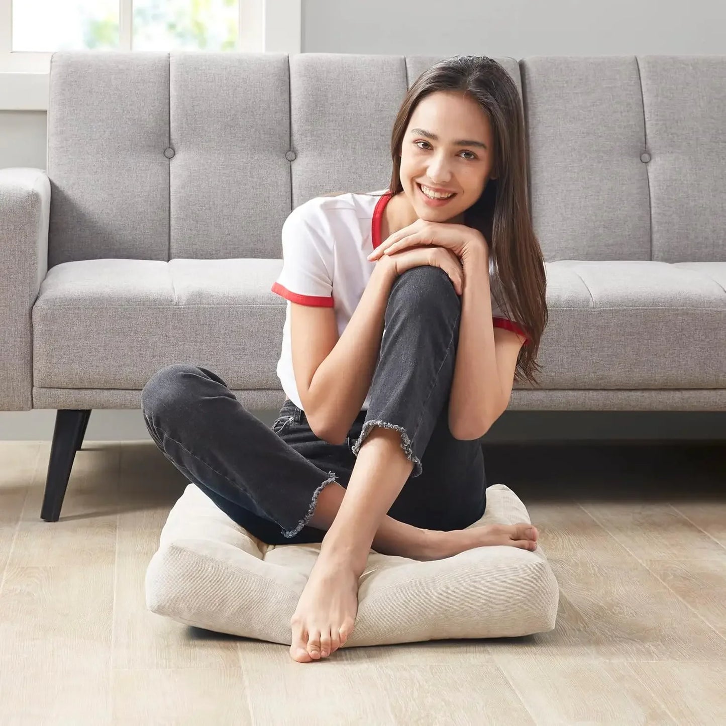 Floor Pillow Set of 2 Square Large Pillows Seating for Adults Tufted Corduroy Cushions for Balcony Outdoor Tatami Living Room