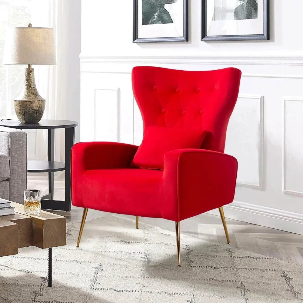 Velvet Accent Arm Chair Mid Century Modern Living Room Chair Wingback Bedroom Side Chair with Gold Legs and Pillow Button Tufted Design
