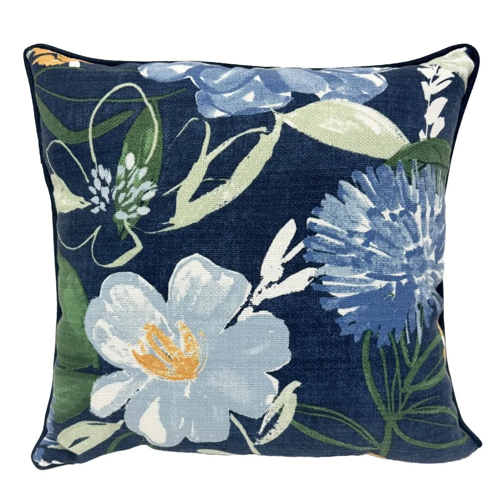 Blue Floral Outdoor Throw Pillow