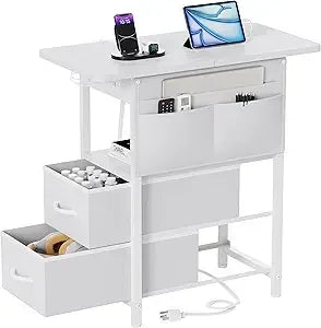 Small Side Table with Charging Station, Narrow Nightstand Bedside Tables with Storage Pocket for Living Room Bedroom, Sofa End T