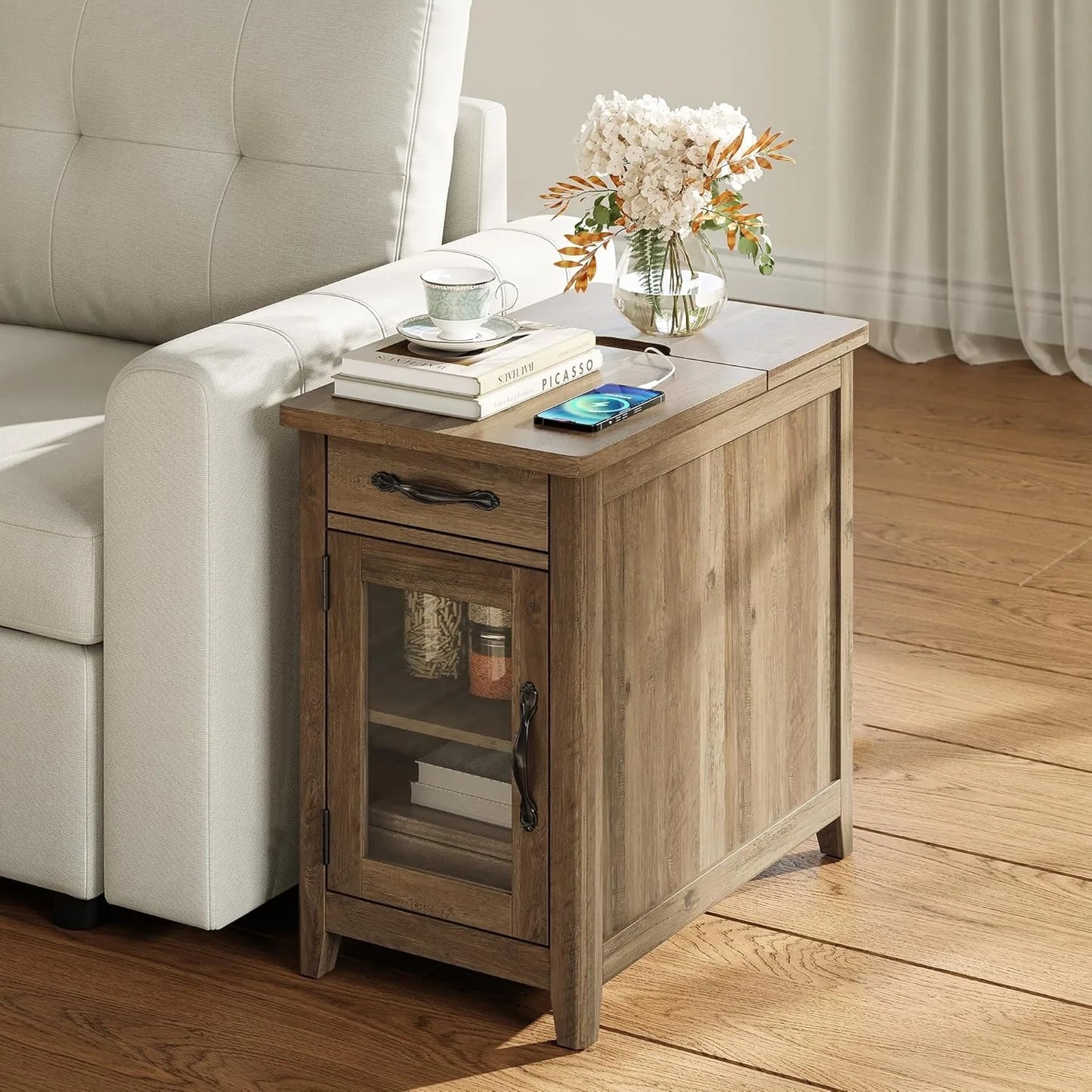 Farmhouse End Table With Charging Station Narrow Side Table For Living Room Sofa Side Table With Drawer And Storage Cabinet
