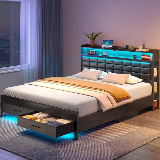 Rolanstar Full Size Bed Frame with Storage Headboard and Two Drawers Upholstered Platform Bed with Charging Station and LED Light