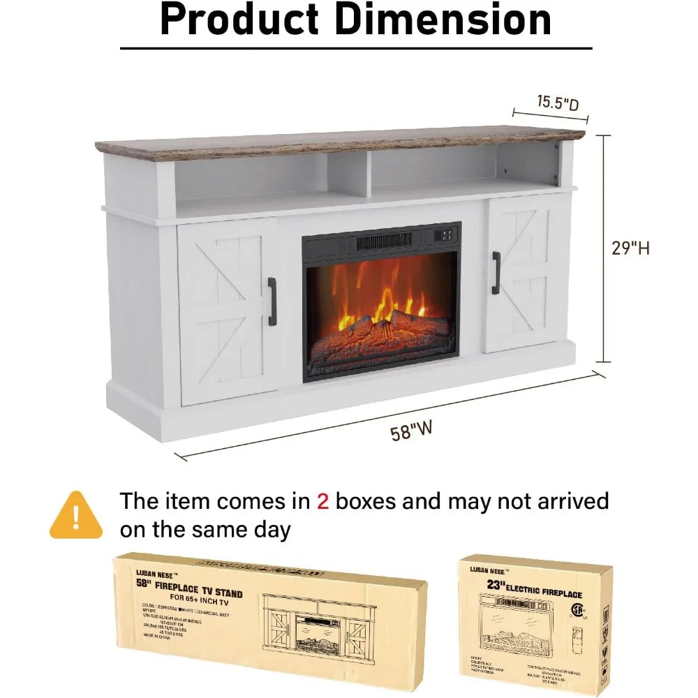 Fireplace TV Stand for TVs Up to 65" with 23" Electric Fireplace, Entertainment Center with Storage Cabinet and Open Shelves, Me