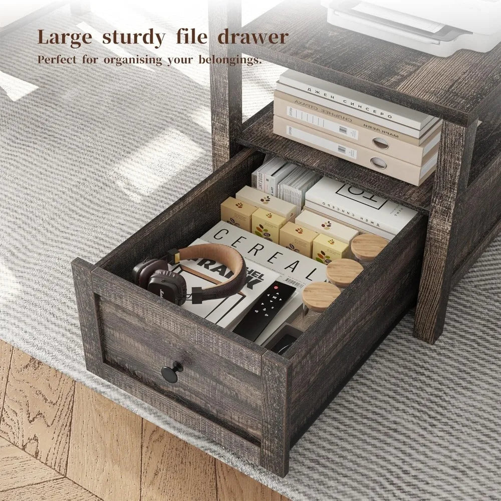 63" Farmhouse Style Computer Desk with Drawers, Storage Shelves and Power Outlets, Home Office Desks with Long Monitor Stand fo
