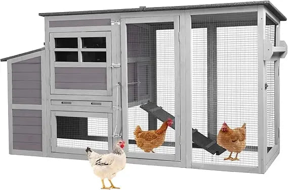 Chicken Coop with Wheels Portable Hen House for 4-6 Chickens with Large Run, Nesting Box, Metal Tray 74.9"