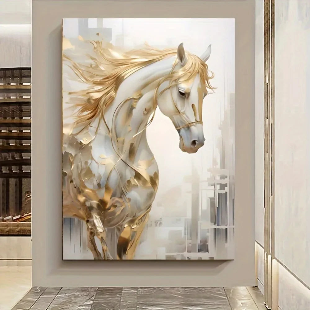 Frameless Modern Retro Golden Horse Wall Art Painting 31.49 x 47.24 Inches