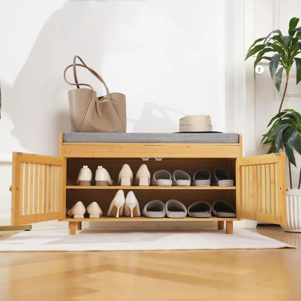 Hign Concerned Bamboo Shoe Storage Bench With Cushion