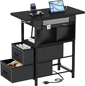 Small Side Table with Charging Station, Narrow Nightstand Bedside Tables with Storage Pocket for Living Room Bedroom, Sofa End T
