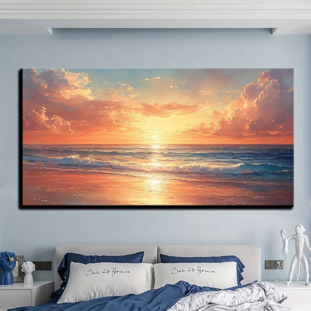 Seaside Sunrise Scenery Modern Abstract Oil Painting Canvas Wall Decoration with Pine Solid Wood Frame
