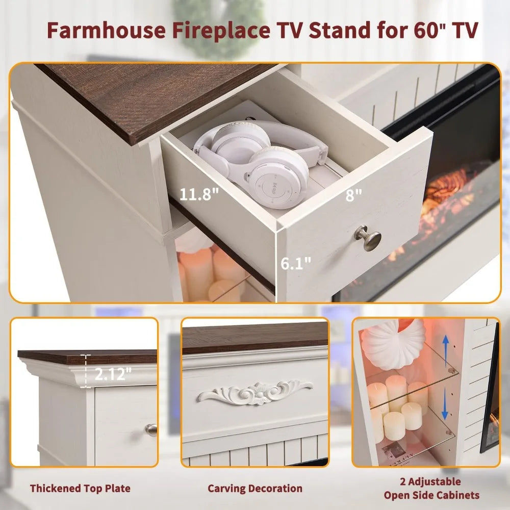 54 Inch Farmhouse Electric Fireplace TV Stand for 60 Inch Television 33 Inch Tall LED Entertainment Center with 7 Color Open Adjustable Shelves