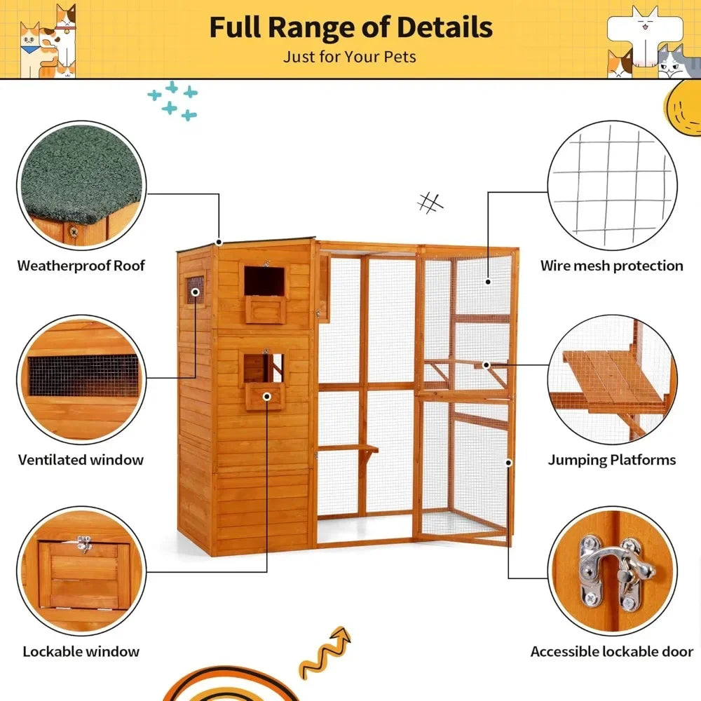 Large Wood Cat Catio, Outdoor Enclosure with Weatherproof Roof, 2 Resting Rooms, 2 Platforms, 4-Tier Cat Playpen,