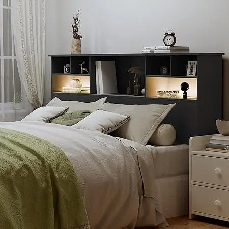 King Size Headboard for Bedroom, Stylish Bookcase Headboard with Built-in Charging Station & 2 LED Lights, Engineered Wood Headb
