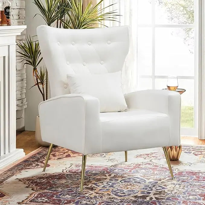 Velvet Accent Arm Chair Mid Century Modern Living Room Chair Wingback Bedroom Side Chair with Gold Legs and Pillow Button Tufted Design