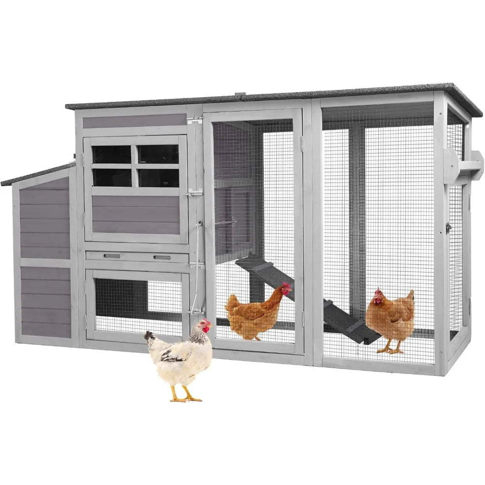 Chicken Coop with Wheels Portable Hen House for 4-6 Chickens with Large Run, Nesting Box, Metal Tray 74.9"