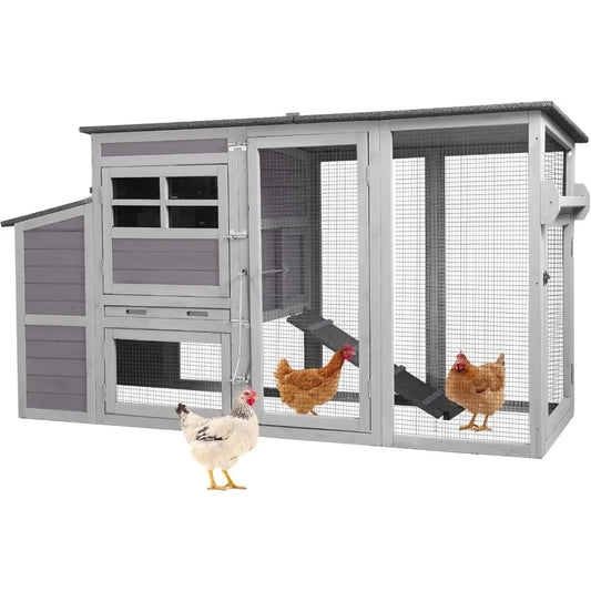 Chicken Coop with Wheels Portable Hen House for 4-6 Chickens with Large Run, Nesting Box, Metal Tray 74.9"