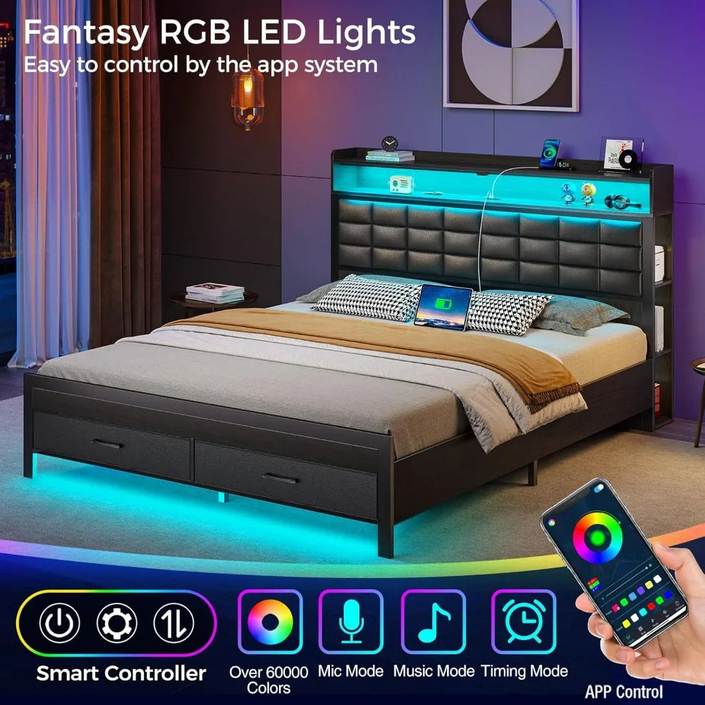 Rolanstar Full Size Bed Frame with Storage Headboard and Two Drawers Upholstered Platform Bed with Charging Station and LED Light