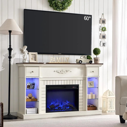 54 Inch Farmhouse Electric Fireplace TV Stand for 60 Inch Television 33 Inch Tall LED Entertainment Center with 7 Color Open Adjustable Shelves