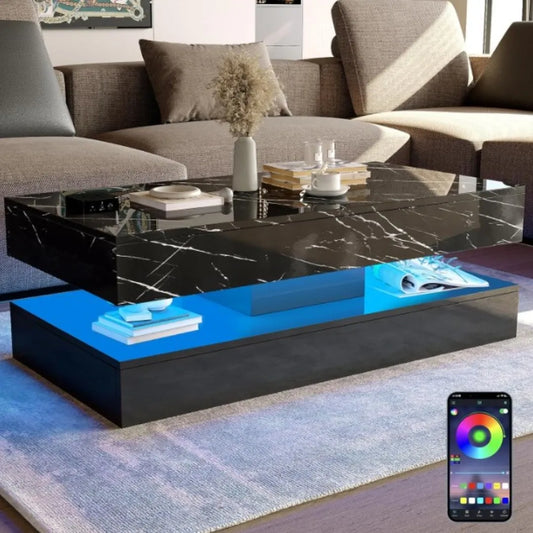 LED Coffee Table with 2 Storage Drawers Modern High Gloss Design Marbling Print 2 Tier Rectangle Center Table