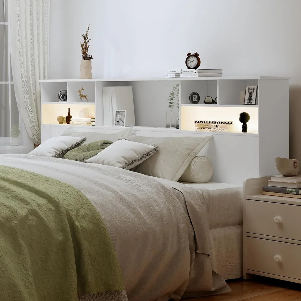 King Size Headboard for Bedroom, Stylish Bookcase Headboard with Built-in Charging Station & 2 LED Lights, Engineered Wood Headb