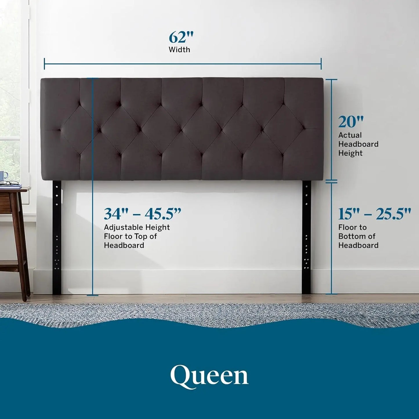 Mid-Rise Upholstered Headboard - Diamond Tufted - Padded Polyester - Adjustable Height from 34” to 46”