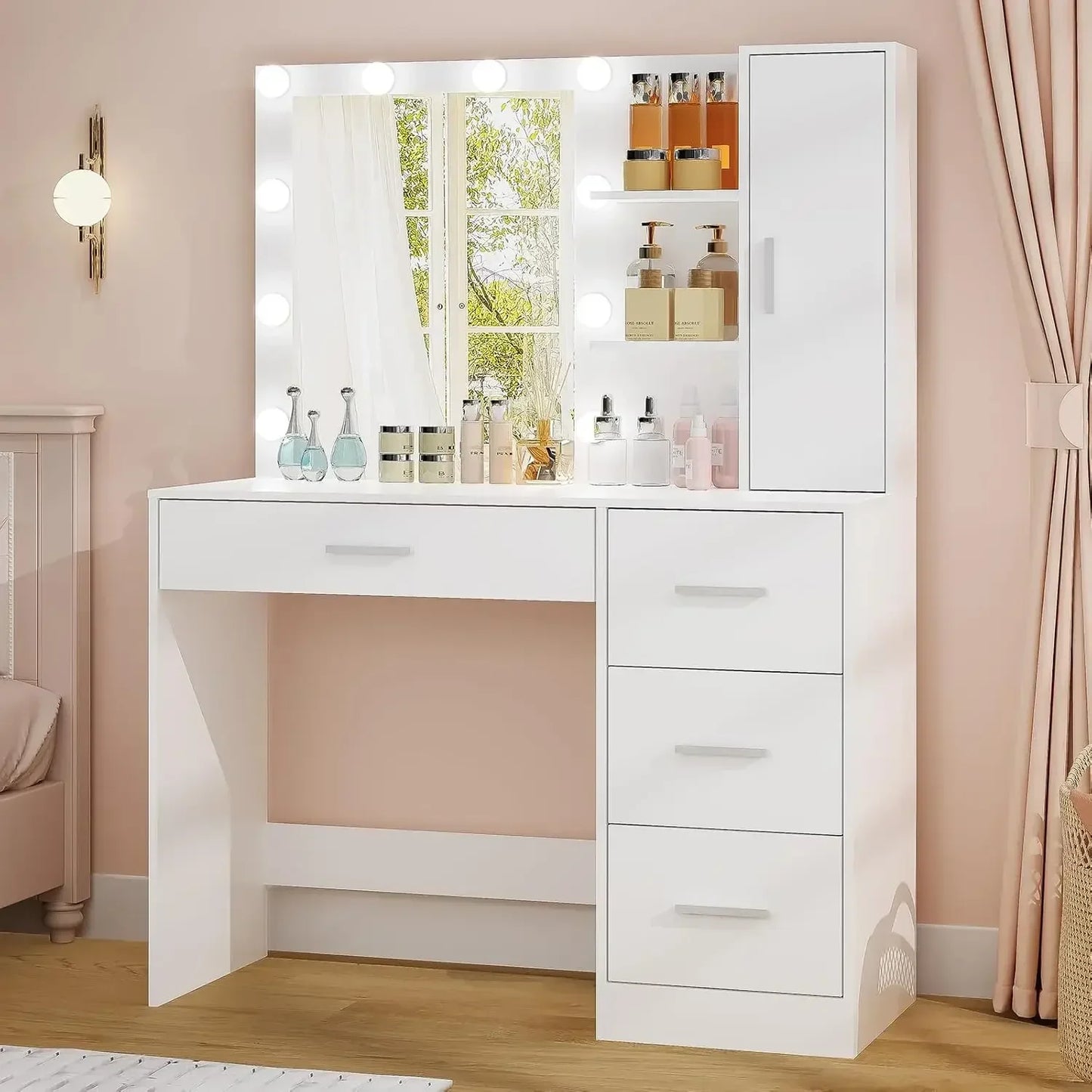 Makeup Vanity With Lights Large Vanity Desk With Mirror And 10 LED Lights Vanity Table Set With 4 Drawers Cabinet And 4 Necklace Hooks Dressing Table For Bedroom White
