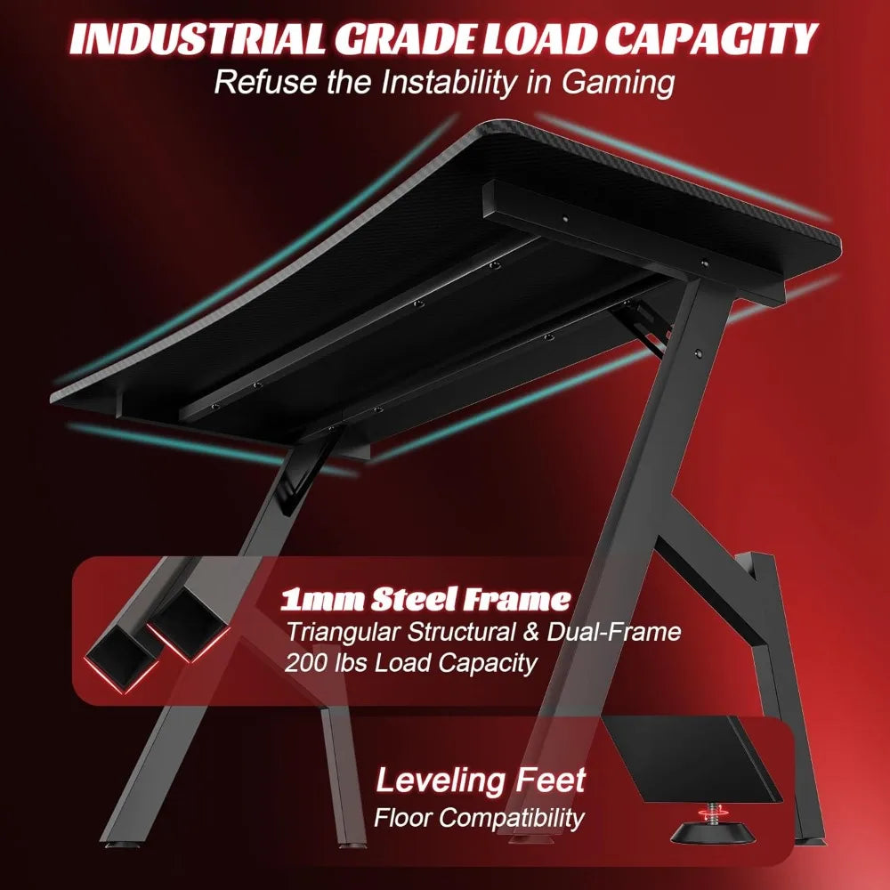 Gaming Desk with Carbon Fibre Surface Large Computer Desk Gaming Table Ergonomic PcWorkstation Home Office Desks with CupHolder
