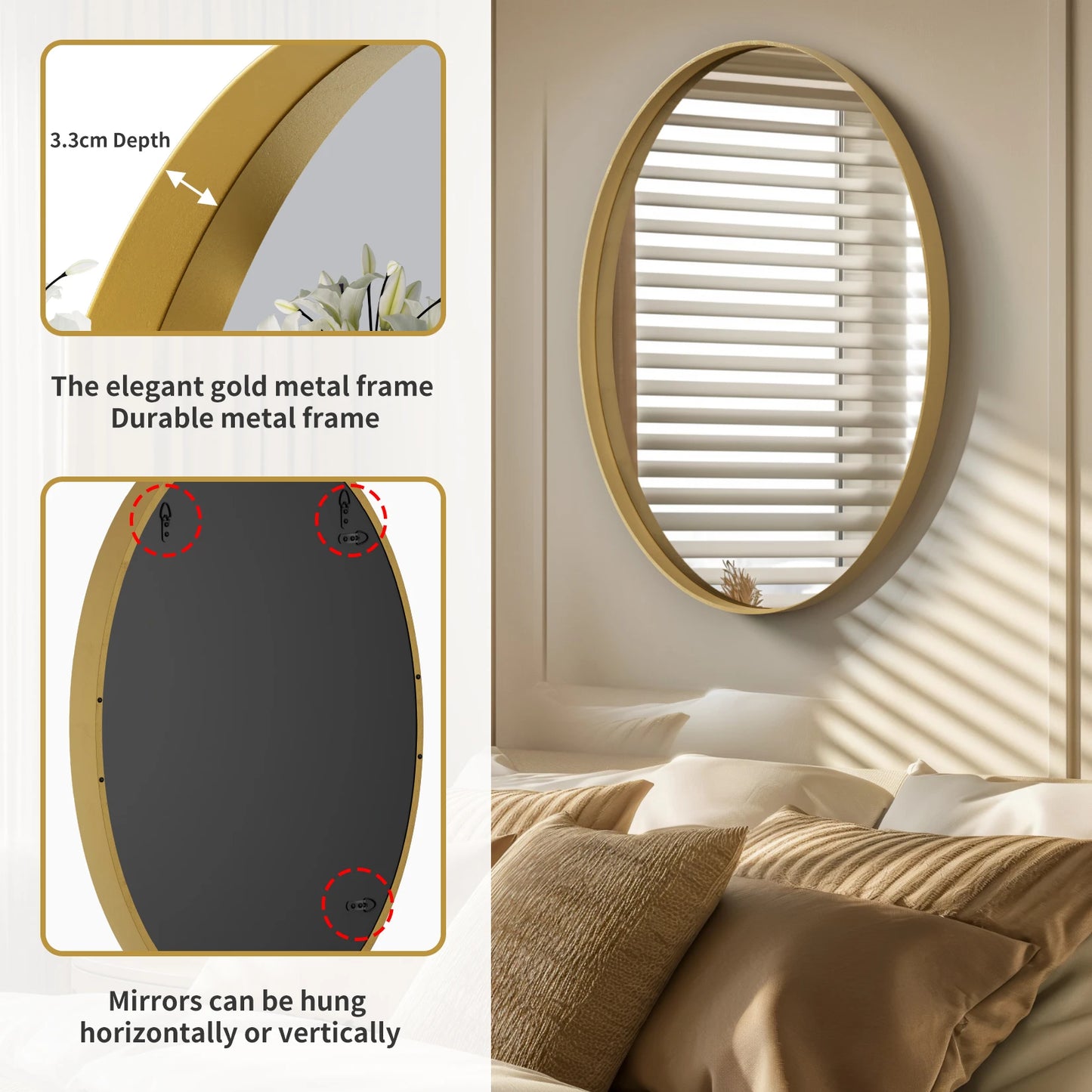 Oval Mirror Wall Mounted Mirror Vanity Mirror with Brushed Brass Framed for Accent Entry Living Room Bathroom Decor