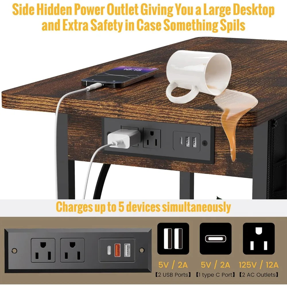 Small Side Table with Charging Station, Narrow Nightstand Bedside Tables with Storage Pocket for Living Room Bedroom, Sofa End T