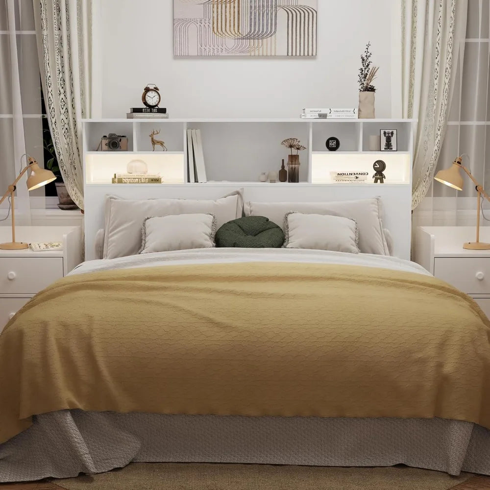 King Size Headboard for Bedroom, Stylish Bookcase Headboard with Built-in Charging Station & 2 LED Lights, Engineered Wood Headb