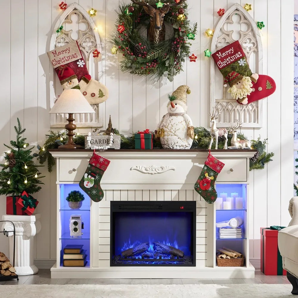 54 Inch Farmhouse Electric Fireplace TV Stand for 60 Inch Television 33 Inch Tall LED Entertainment Center with 7 Color Open Adjustable Shelves