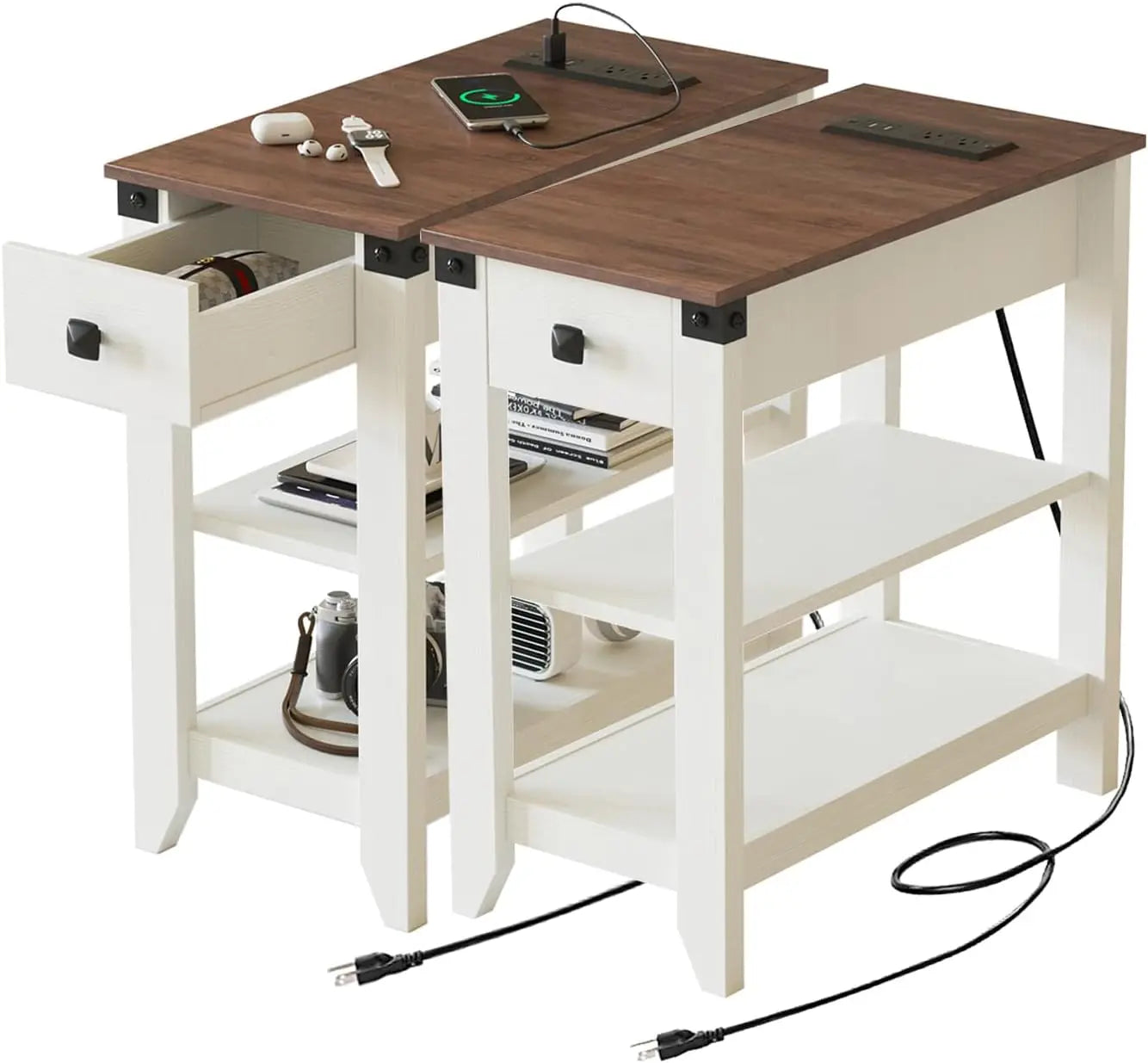 Set of 2 End Tables with Charging Station Narrow Side Table Small Bedside Table for Small Space Skinny Nightstand