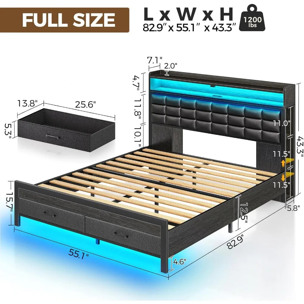 Rolanstar Full Size Bed Frame with Storage Headboard and Two Drawers Upholstered Platform Bed with Charging Station and LED Light