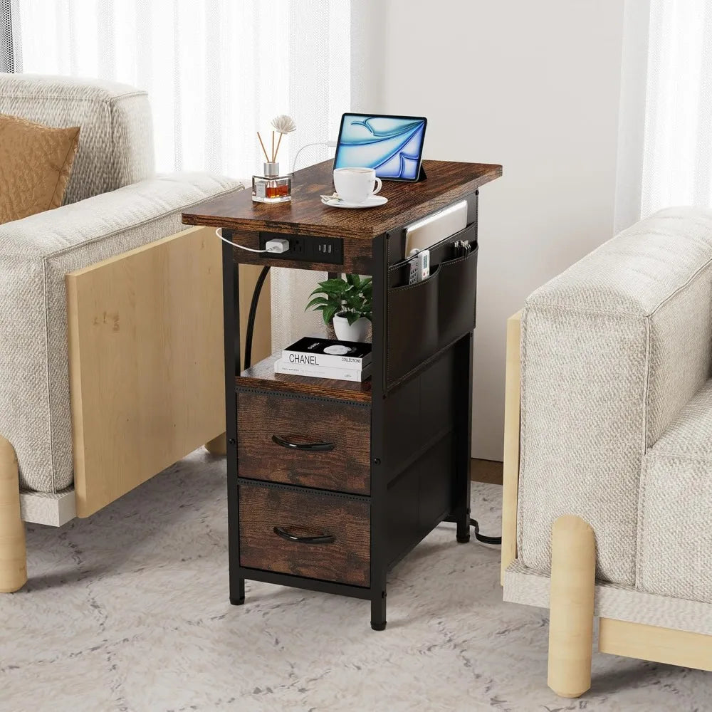 Small Side Table with Charging Station, Narrow Nightstand Bedside Tables with Storage Pocket for Living Room Bedroom, Sofa End T