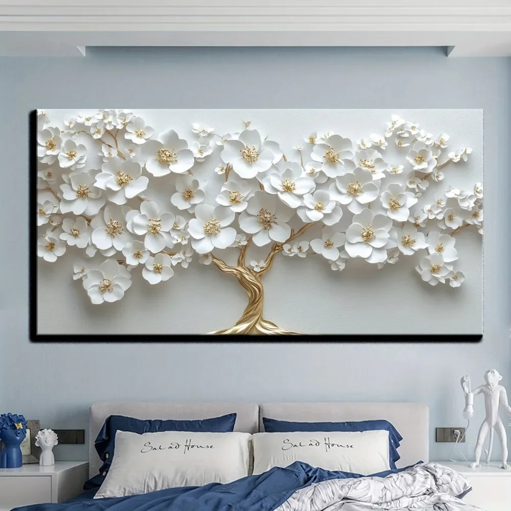 Nordic White Flower Oil Painting on Canvas Modern Art Deco Wall Painting with 1.5 Inch Thick Pine Solid Wood Frame