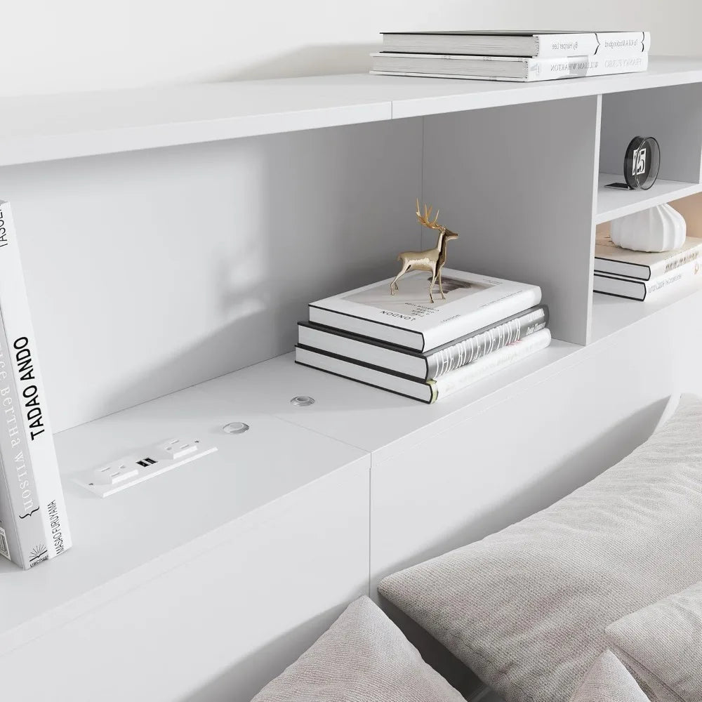King Size Headboard for Bedroom, Stylish Bookcase Headboard with Built-in Charging Station & 2 LED Lights, Engineered Wood Headb