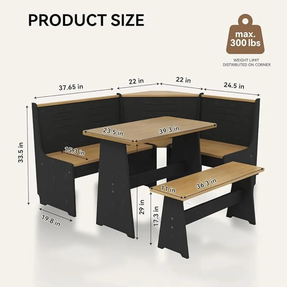 Breakfast Nook Corner Dining Table Kitchen Bench Chair Set Space Saving L Shape for 3 to 5 People in Black Oak