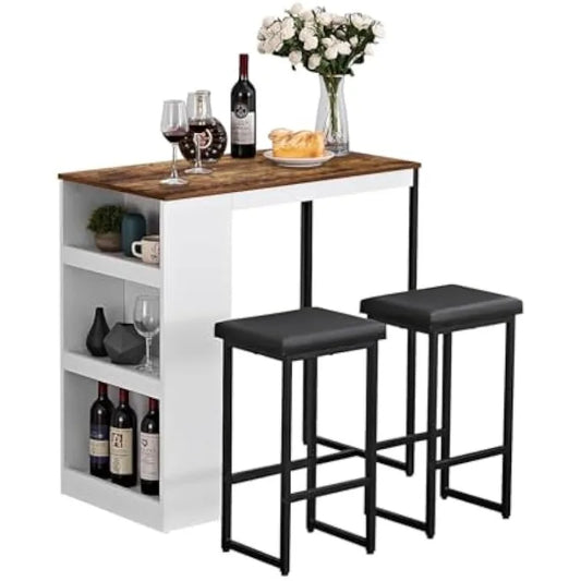 3 Piece Dining Table Set Kitchen Bar Table with Two Stools and Storage Shelves Wood Counter Height Table Top with Sew Kerf Finish