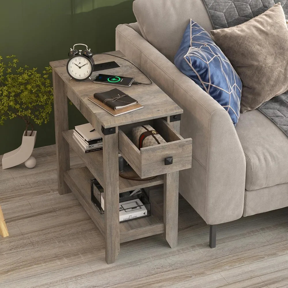Set of 2 End Tables with Charging Station Narrow Side Table Small Bedside Table for Small Space Skinny Nightstand