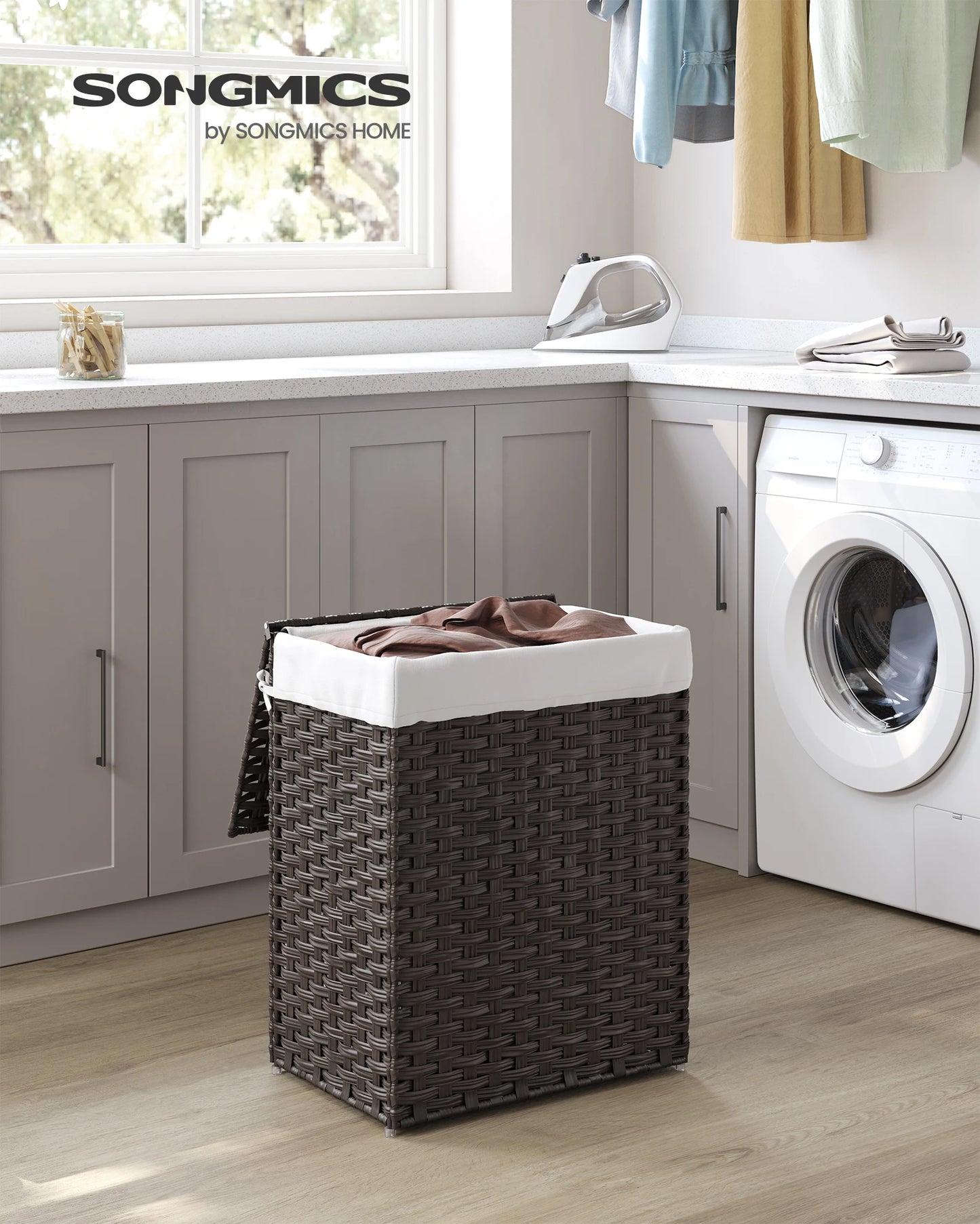 SONGMICS Laundry Hamper With Lid Synthetic Rattan Foldable