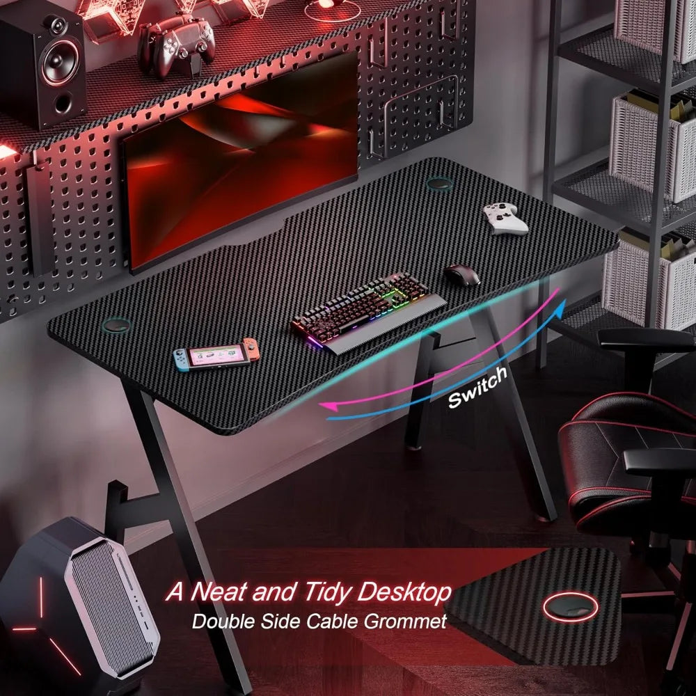Gaming Desk with Carbon Fibre Surface Large Computer Desk Gaming Table Ergonomic PcWorkstation Home Office Desks with CupHolder