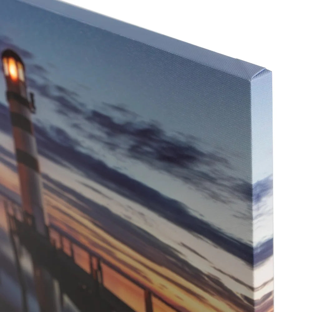 LED Lighted Coastal Sunset Lighthouse Canvas Wall Art Ready to Hang Battery Operated Indoor Decor 15.75 x 23.5 Inches