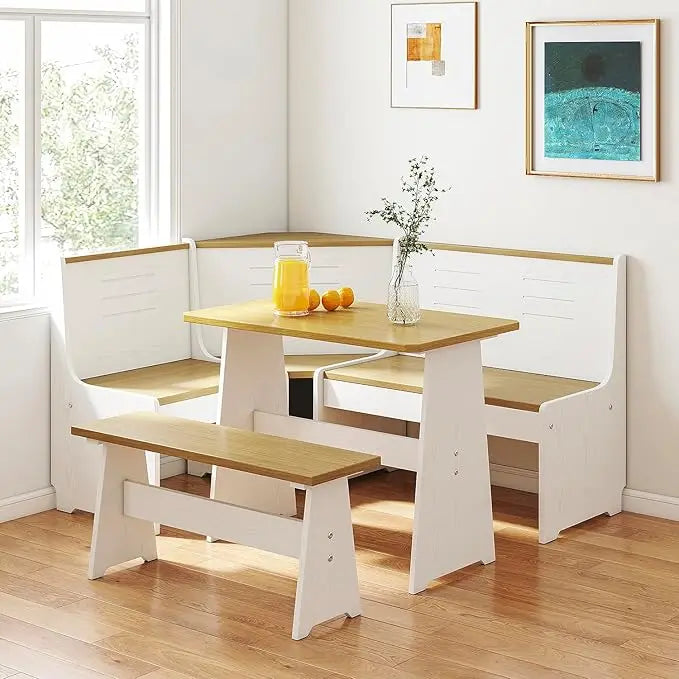 Breakfast Nook Corner Dining Table Kitchen Bench Chair Set Space Saving L Shape for 3 to 5 People in Black Oak