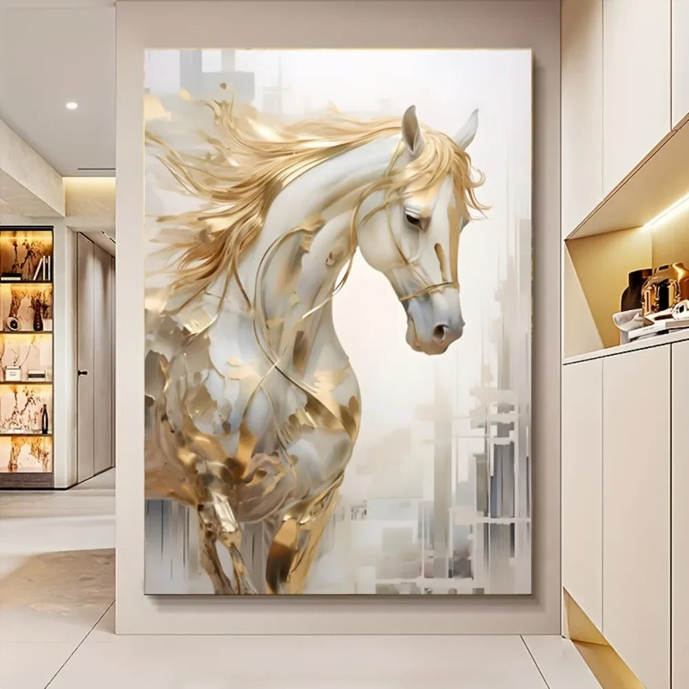 Frameless Modern Retro Golden Horse Wall Art Painting 31.49 x 47.24 Inches