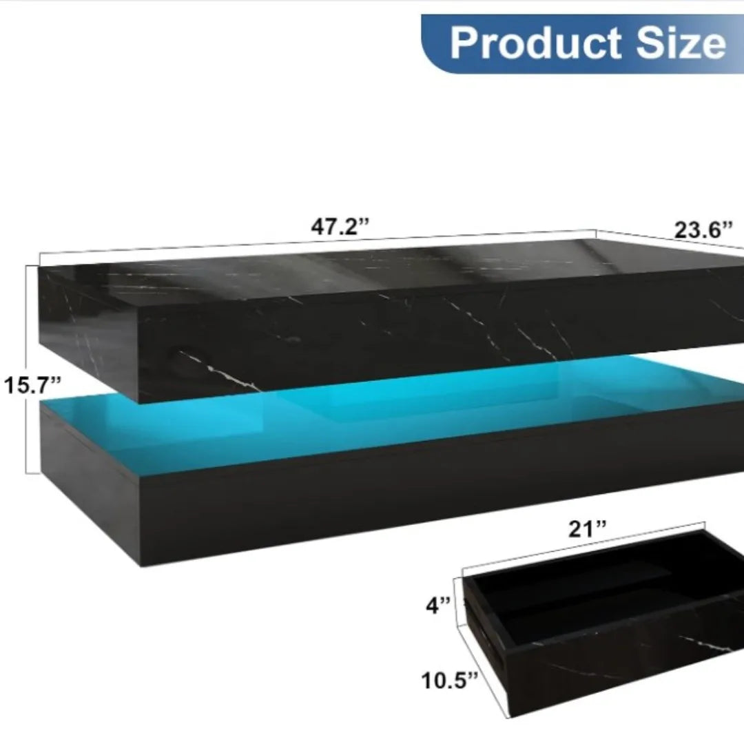 LED Coffee Table with 2 Storage Drawers Modern High Gloss Design Marbling Print 2 Tier Rectangle Center Table