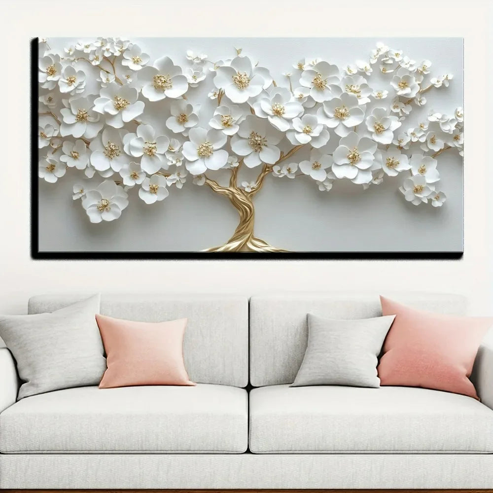 Nordic White Flower Oil Painting on Canvas Modern Art Deco Wall Painting with 1.5 Inch Thick Pine Solid Wood Frame
