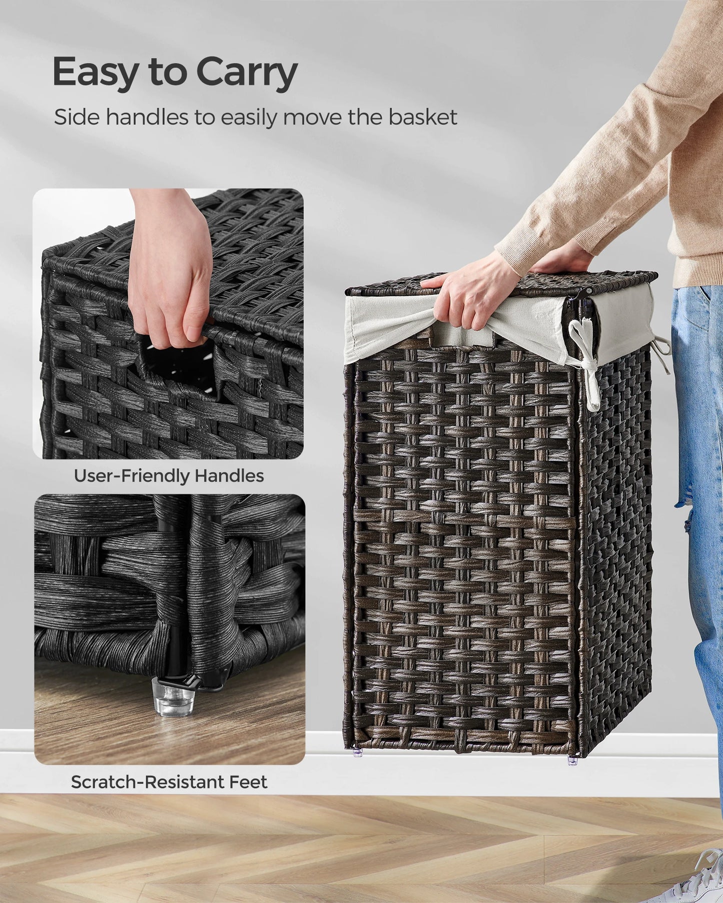 SONGMICS Laundry Hamper With Lid Synthetic Rattan Foldable