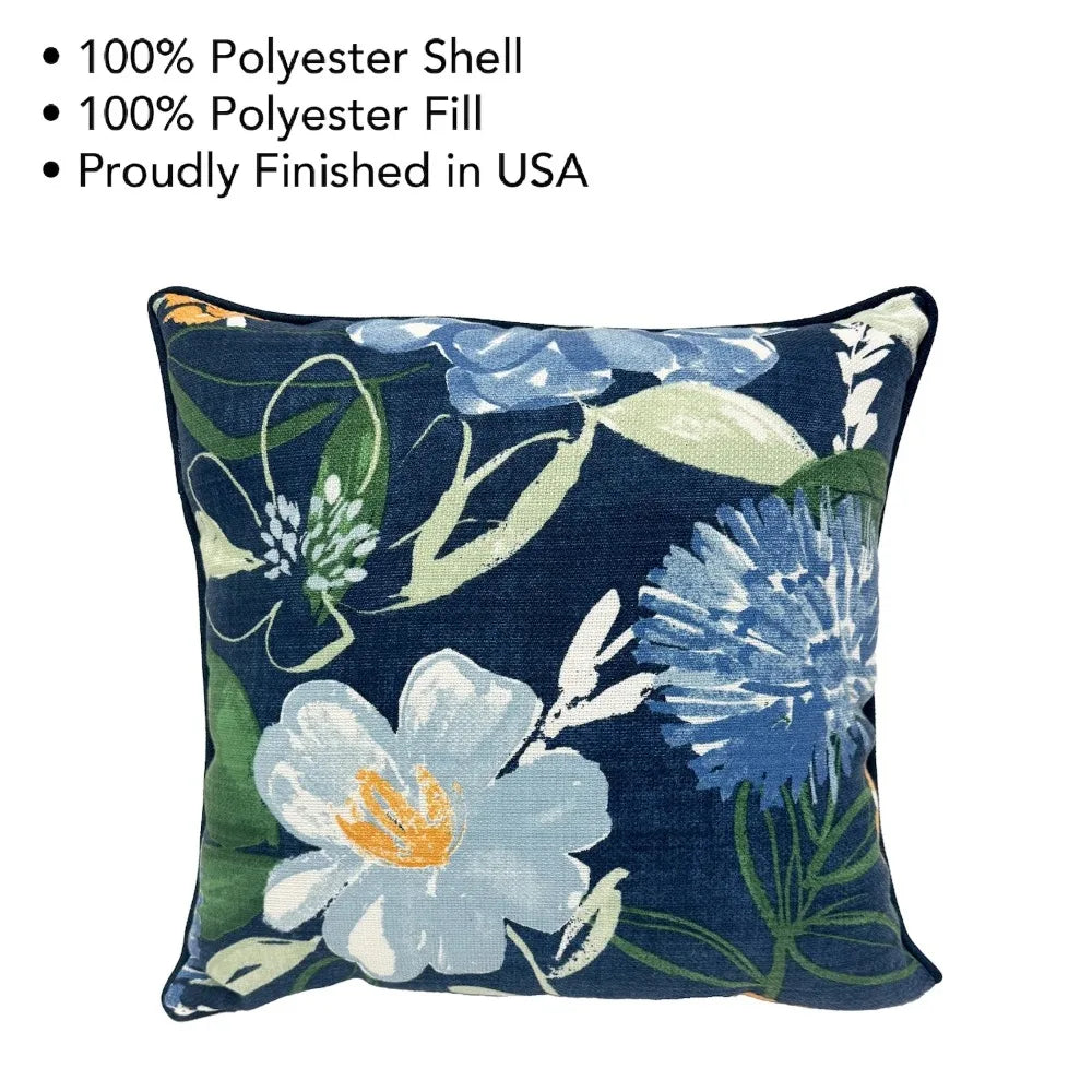 Blue Floral Outdoor Throw Pillow