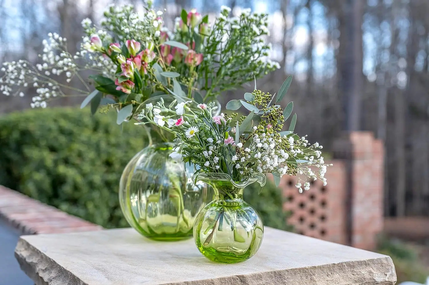 Hibiscus Glass Green Medium Fluted Vase 9" D, 10" H, 96 oz Glass Flower Vase, Living RoomDecor