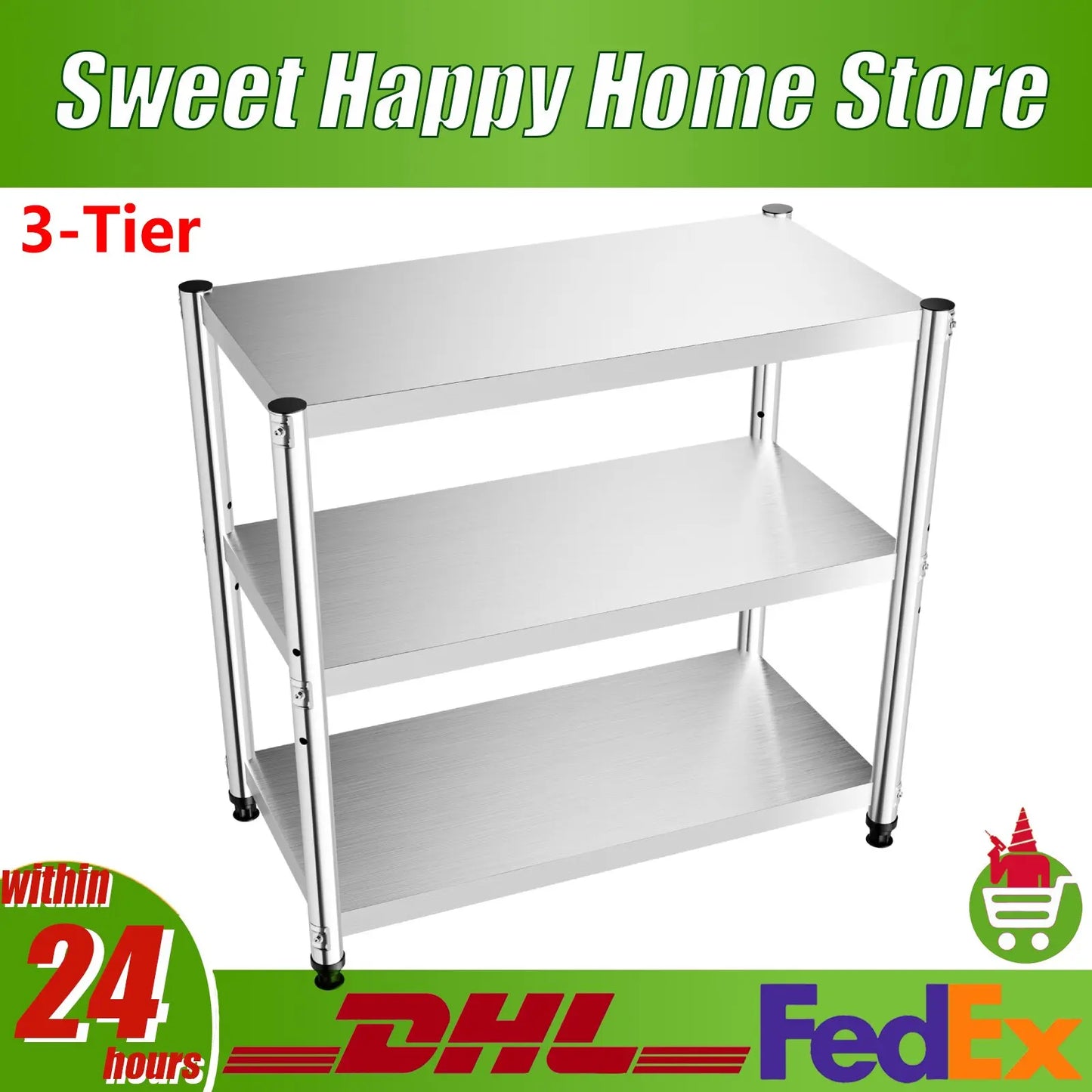 3-Tier /4-Tier 201 Stainless Steel Shelf Height Adjustable Storage Rack for Various Kitchen Utensils/Supplies/ Food