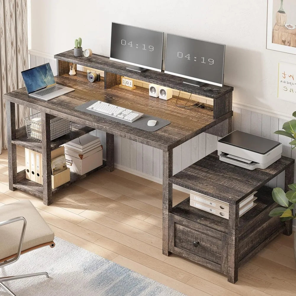 63" Farmhouse Style Computer Desk with Drawers, Storage Shelves and Power Outlets, Home Office Desks with Long Monitor Stand fo